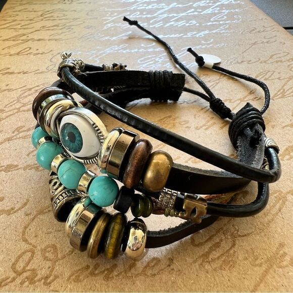 Bohemian Unisex Black Leather Bracelet - Picture 1 of 4